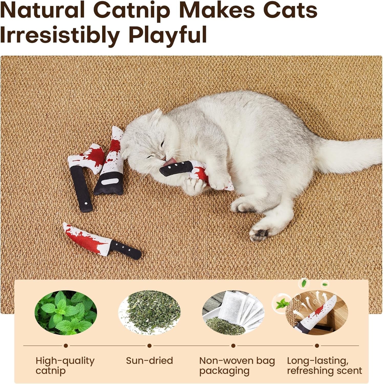 4Pcs Cat Toys, Horror Knife-Shaped Kitten Catnip Crinkly Sound Toys, Indoor Exercise for All Cat Breeds 6.5 Inches